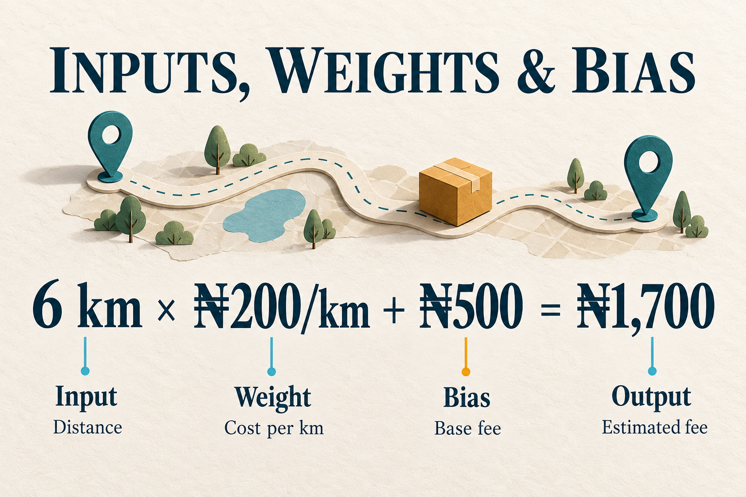 A parcel route accompanies the equation 6 km × ₦200/km + ₦500 = ₦1,700, labelled input, weight, bias and output.