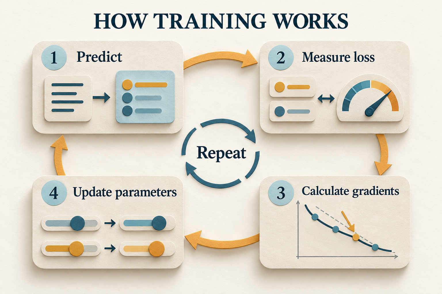 A clockwise four-step loop reads Predict, Measure loss, Calculate gradients and Update parameters, with Repeat at the center.