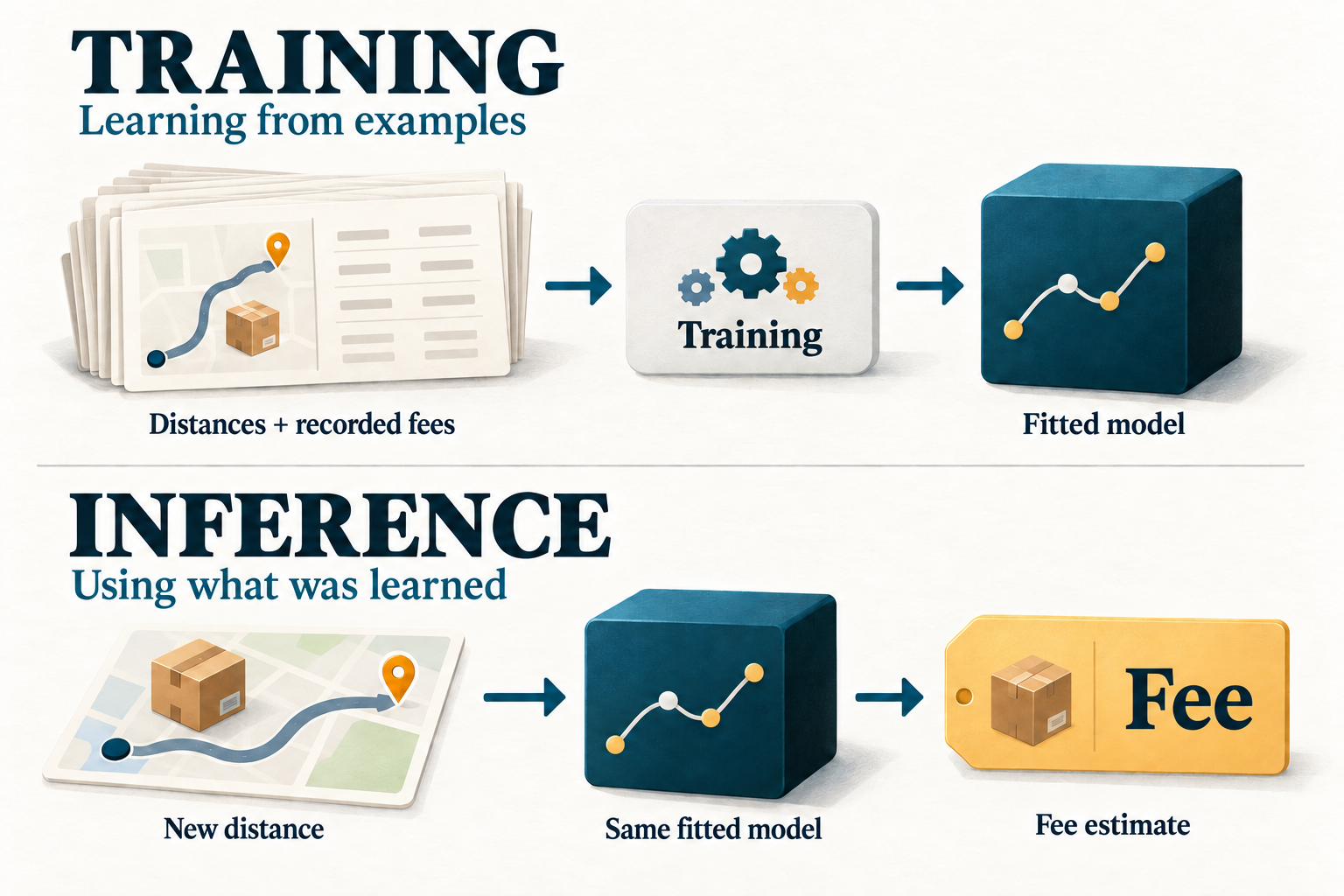 Two rows show distances and recorded fees entering training to produce a fitted model, then a new distance entering that same model to estimate a fee.