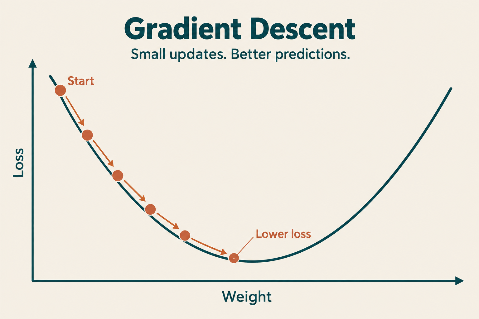 A bowl-shaped graph plots loss against weight, with successive update points descending towards the bottom.